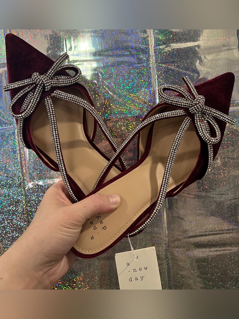 A New Day Burgundy Velvet Rhinestone Bow Kitten Heel Mules Size 7 NWT